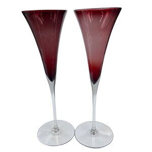 Pair (2) Of Burgundy Glass Champagne Flared Flutes Clear Stems 10.5 inches SEE